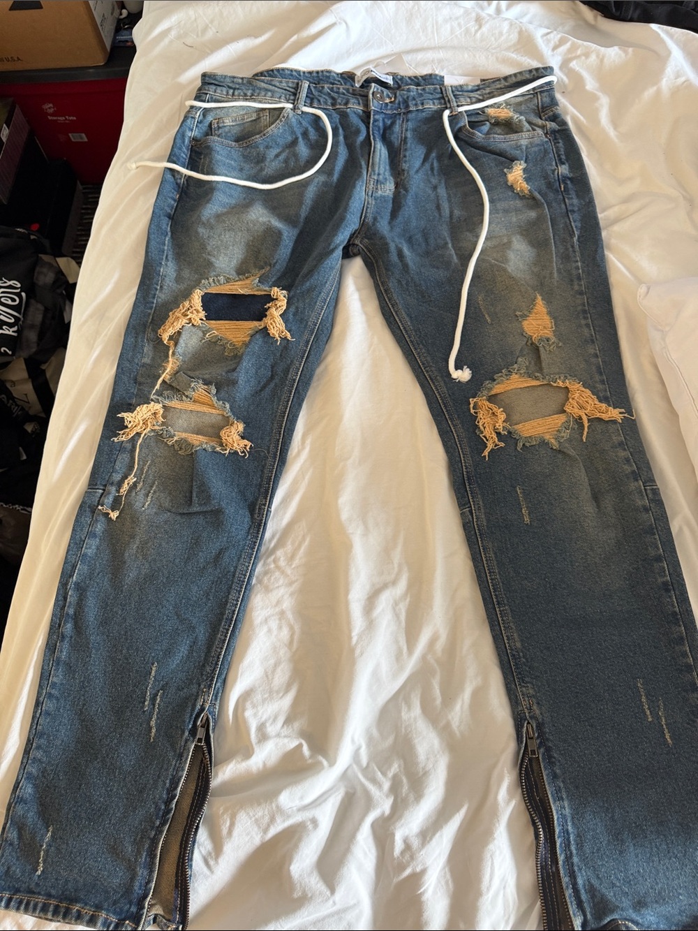 Fashion Nova Men's Distressed Blue Denim Jeans with White Drawstring